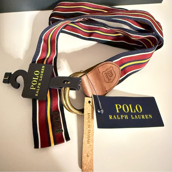 Polo Ralph Lauren Unisex Striped Canvas Belt Size L Red Navy Yellow Leather NWT - Picture 13 of 15